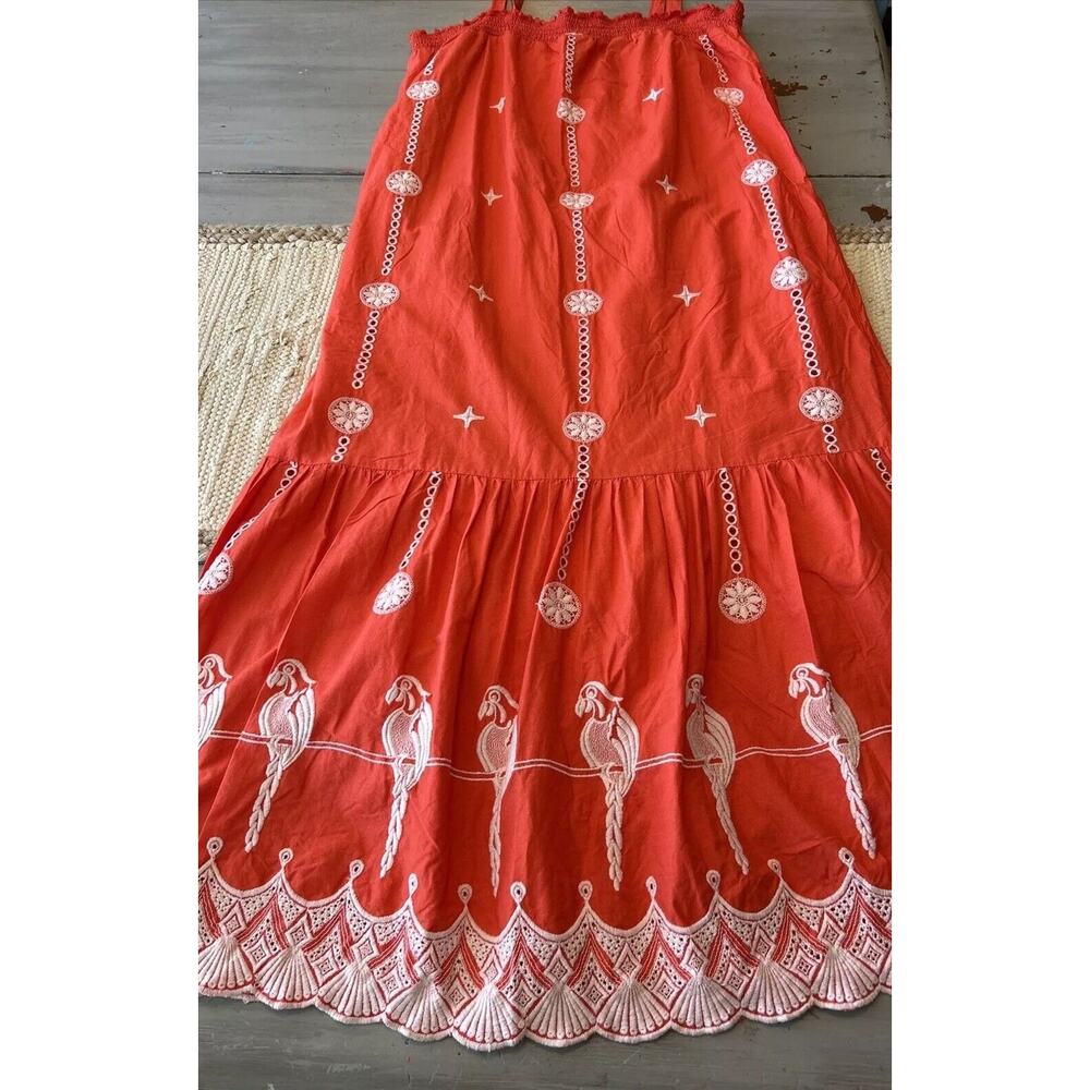Joie Cleta Red White Salsa Embroidered Parrot Cotton Eyelet Maxi Dress Sz L - Picture 6 of 11